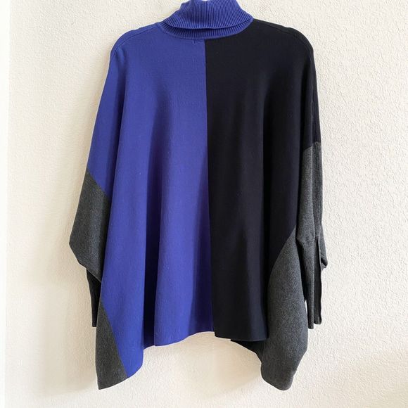 Alfani‎ Black Blue Grey Colorblock Asymmetrical Hem Turtleneck Poncho Sweater Sm - Picture 12 of 13